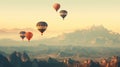 Hot air balloons above the mountains. Colorful hot air balloons flying over mountain. panorama Royalty Free Stock Photo