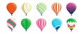 Hot air balloons. Cartoon colorful airships. Bright striped domes with baskets. Retro or festival flying transport