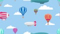 Hot air balloons. Cartoon air transport pattern. Balloon airship in cloudy sky vector seamless texture Royalty Free Stock Photo