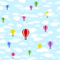 Hot air balloons and clouds on blue background. Vector balloon illustration. Seamless pattern of hot air balloon Royalty Free Stock Photo