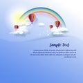 Hot air balloons in cloudy sky with rainbow on good weather background. Fantasy vector illustration