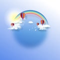 Hot air balloons in cloudy sky with rainbow on good weather background. Fantasy vector illustration