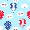 Hot air balloons with cute clouds seamless pattern. Bright colors hot air balloons design. Baby shower vector illustrations on