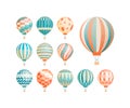 Hot air balloons flat vector illustrations set. Colorful vintage aerial vehicles for flights isolated on white