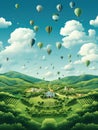 Hot air balloons floating above the vineyard Royalty Free Stock Photo