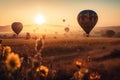 Hot air balloons floating in the sky at sunset, representing the beauty and wonder of air travel. AI GENERATED