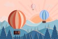 Hot air balloons fly at dawn in the mountains. Vector illustration of mountain Landscape and sunrise sunset Royalty Free Stock Photo