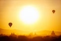 Hot air balloons fly over Bagan temples Royalty Free Stock Photo