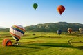 Hot air balloons fly over Cappadocia, Goreme, Cappadocia, Turkey.