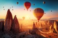 hot air balloons fly in sky in sunrise. Cappadocia, Turkey. generative AI