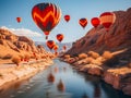 Hot air balloons flying through the canyon. Hot air balloons bouncing in the water. Valentine\'s Day. Generative AI