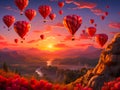 Hot air balloons flying through the canyon. Hot air balloons bouncing in the water. Valentine\'s Day. Generative AI