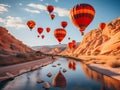 Hot air balloons flying through the canyon. Hot air balloons bouncing in the water. Valentine\'s Day. Generative AI