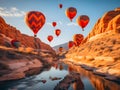 Hot air balloons flying through the canyon. Hot air balloons bouncing in the water. Valentine\'s Day. Generative AI