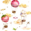 Hot air balloons flying in the clouds and sweets watercolor seamless pattern. Dessert with berries. Strawberry, cherry, cream. Air