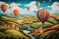 Hot air balloons flying over a beautiful landscape with hills and village in the background, AI Generated