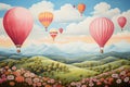 Hot air balloons flying over the beautiful meadow with flowers. Vector illustration, AI Generated