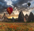 Hot air balloons flying over Cappadocia, Turkey