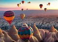 Hot air balloons flying over Cappadocia, Turkey. Generative AI Royalty Free Stock Photo