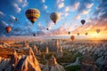Hot air balloons flying over Cappadocia, Turkey, Hot air balloons flying over spectacular Cappadocia, AI Generated Royalty Free Stock Photo