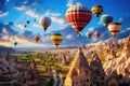 Hot air balloons flying over Cappadocia, Turkey, Hot air balloons flying over spectacular Cappadocia, AI Generated Royalty Free Stock Photo