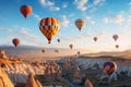 Hot air balloons flying over Cappadocia, Turkey, Hot air balloons flying over spectacular Cappadocia, AI Generated Royalty Free Stock Photo