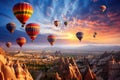 Hot air balloons flying over Cappadocia, Turkey, Hot air balloons flying over spectacular Cappadocia, AI Generated Royalty Free Stock Photo