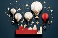 Hot air balloons flying over the city. Paper art style. Vector illustration. Generative AI Royalty Free Stock Photo