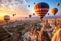 Hot air balloons flying over famous Cappadocia, Turkey, Hot air balloons flying over spectacular Cappadocia, AI Generated Royalty Free Stock Photo