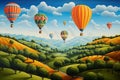 Hot air balloons flying over the hills. Landscape with colorful hot air balloons, AI Generated