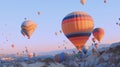 hot-air balloons flying over the mountain landsape of Cappadocia,Turkey. Royalty Free Stock Photo