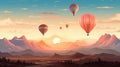 Hot air balloons flying over mountains illustration AI Generated Royalty Free Stock Photo