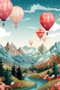 Hot air balloons flying over mountains and river, AI Royalty Free Stock Photo