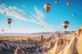 Hot air balloons flying over rock formations in Cappadocia, Turkey, Hot air balloons flying over spectacular Cappadocia, AI Royalty Free Stock Photo