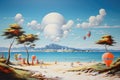 Hot air balloons flying over a sandy beach. 3D Rendering, Sommer, Sonne, Strand und Meer im Urlaub, AI Generated