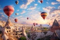 Hot air balloons flying over valley in Cappadocia, Turkey, Hot air balloons flying over spectacular Cappadocia, AI Generated Royalty Free Stock Photo