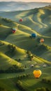 Hot air balloons flying over a valley with green hills illustration Artificial Intelligence artwork generated Royalty Free Stock Photo