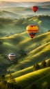 Hot air balloons flying over a valley with green hills illustration Artificial Intelligence artwork generated Royalty Free Stock Photo