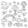 Hot air balloons flying in the sky with airplane, star and rainbow vector illustration Royalty Free Stock Photo