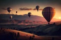 Hot air balloons flying in the sky. 3d render illustration.