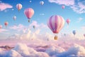 Hot air balloons flying in the sky over the clouds. 3d rendering, AI Generated Royalty Free Stock Photo