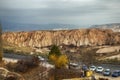 Hot Air balloons flying tour over Mountains landscape autumn sunrice Cappadocia, Goreme National Park,