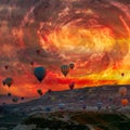 Hot Air balloons flying tour over Mountains landscape spring sunrice hurricane fantastic sky Royalty Free Stock Photo