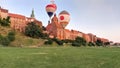 Hot air balloons in Grudziadz, Poland. Medieval granaries in the old part of the city
