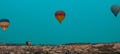 Hot air balloons. Hot air balloons in Cappadocia at sunrise banner photo.