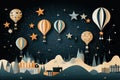 Hot air balloons in the night sky. Paper art style. Vector illustration. Generative AI Royalty Free Stock Photo