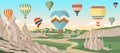 Hot air balloons over Cappadocia rocks landscape. Adventure travel in Turkey concept vector illustration. Summer