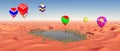 Hot air balloons over a desert oasis