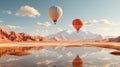 Hot air balloons over lake and majestic mountains and dreamy clouds