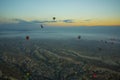 Hot air balloons over mountain landscape in Cappadocia, Goreme National Park, Turkey. Aerial view from air balloon Royalty Free Stock Photo